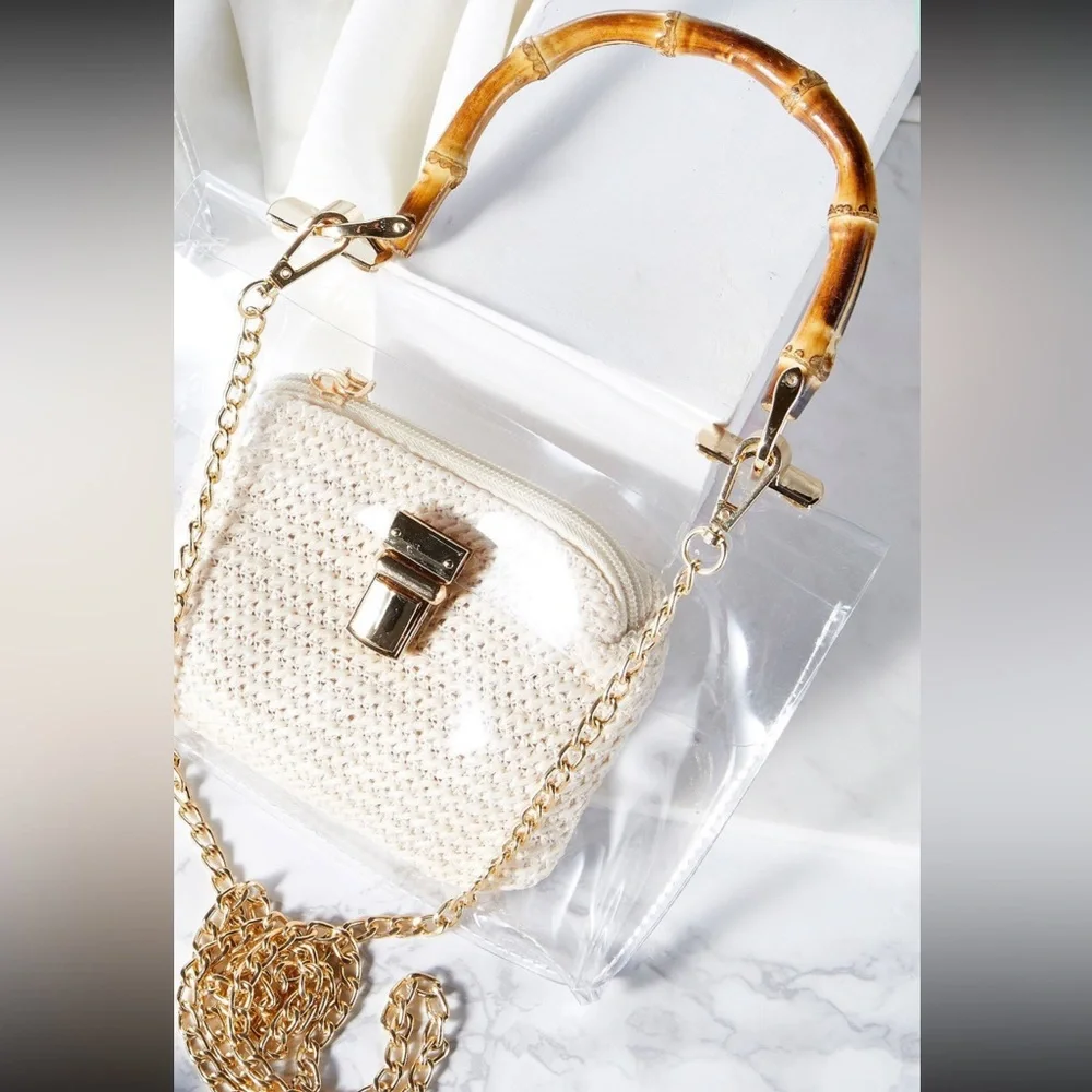 Clear stadium handbag featuring straw pouch, bamboo-look handle and chain strap. - Picture 6 of 9